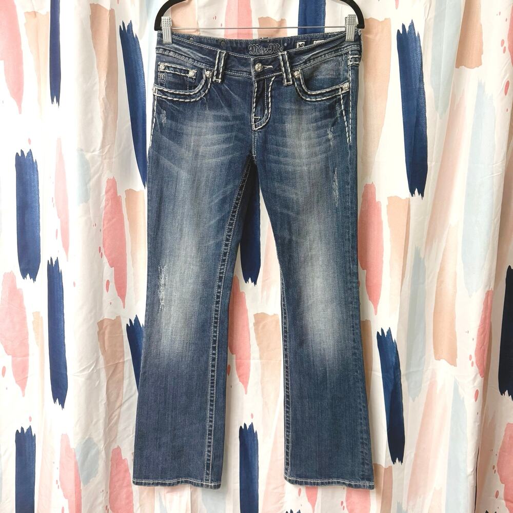 Miss Me Women's Bootcut Jeans Size 30 Thick Stitch Bling Flap Pocket Medium Wash